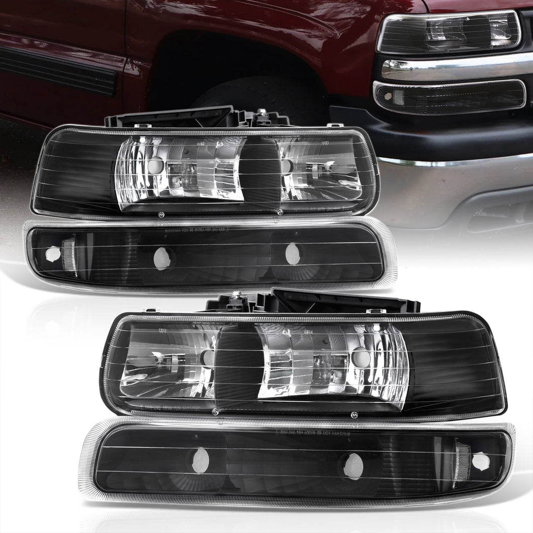 Chevrolet Silverado 1999-2002 / Suburban Tahoe 2000-2006 Factory Style Headlights + Bumpers Black Housing Clear Len Clear Reflector (All Black Bumpers)