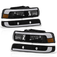 Load image into Gallery viewer, Chevrolet Silverado 1999-2002 / Suburban Tahoe 2000-2006 LED DRL Bar Factory Style Headlights + Bumpers Black Housing Clear Len Amber Reflector
