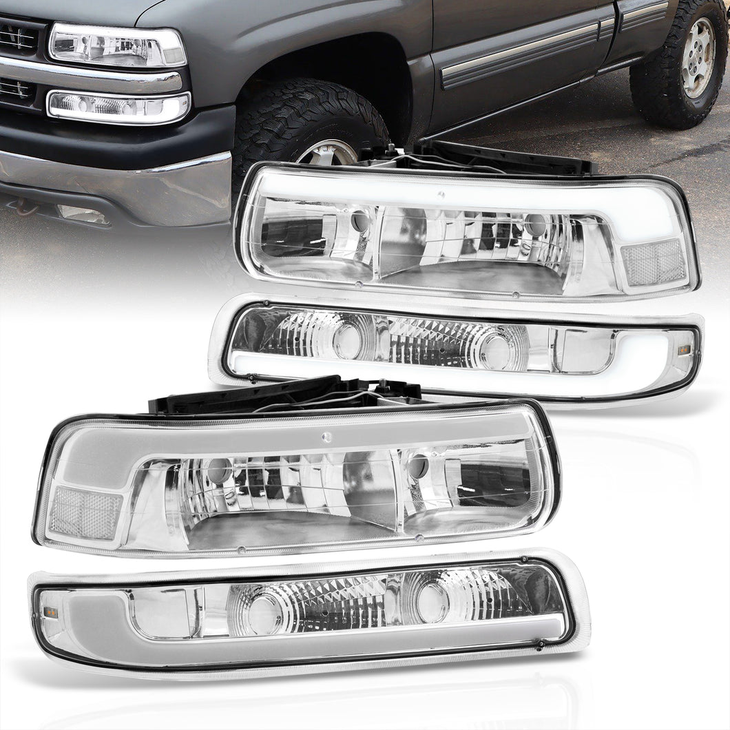 Chevrolet Silverado 1999-2002 / Suburban Tahoe 2000-2006 LED DRL Bar Factory Style Headlights + Bumpers Chrome Housing Clear Len Clear Reflector