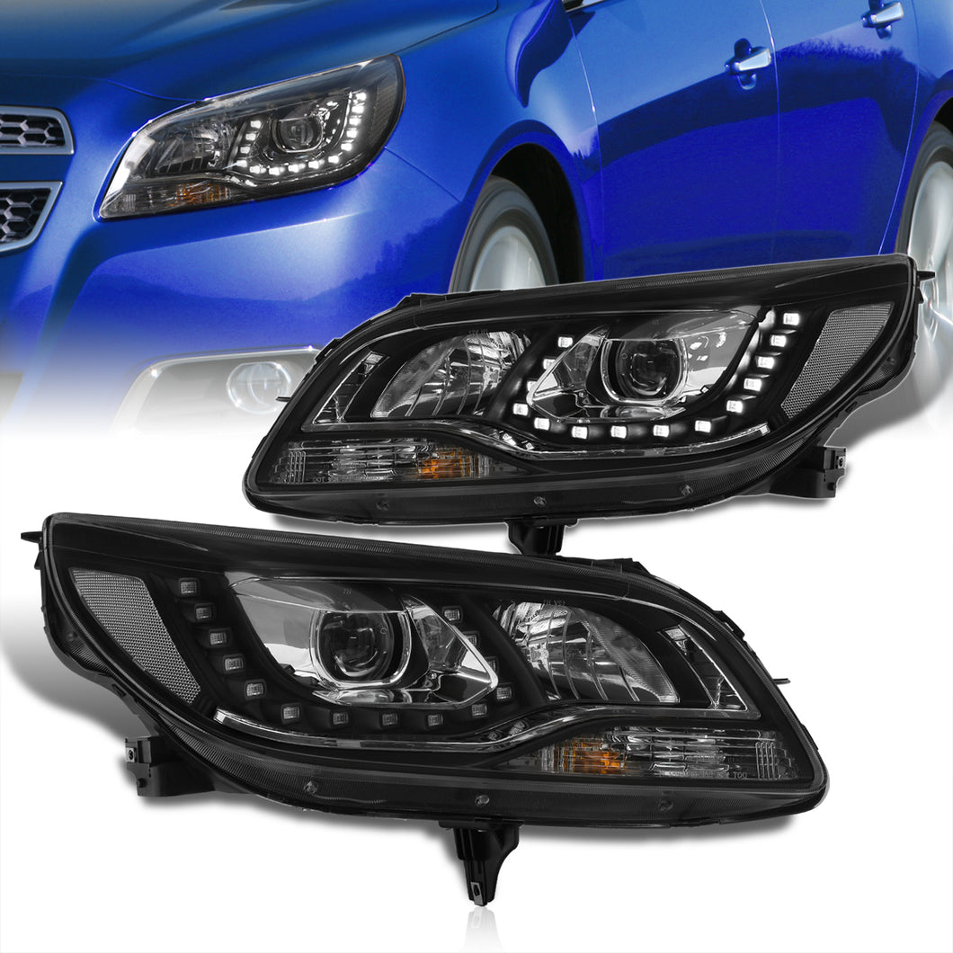 Chevrolet Malibu 2013-2015 Halo LED DRL Bar Projector Headlights Black Housing Clear Len Clear Reflector (Halogen Models Only)