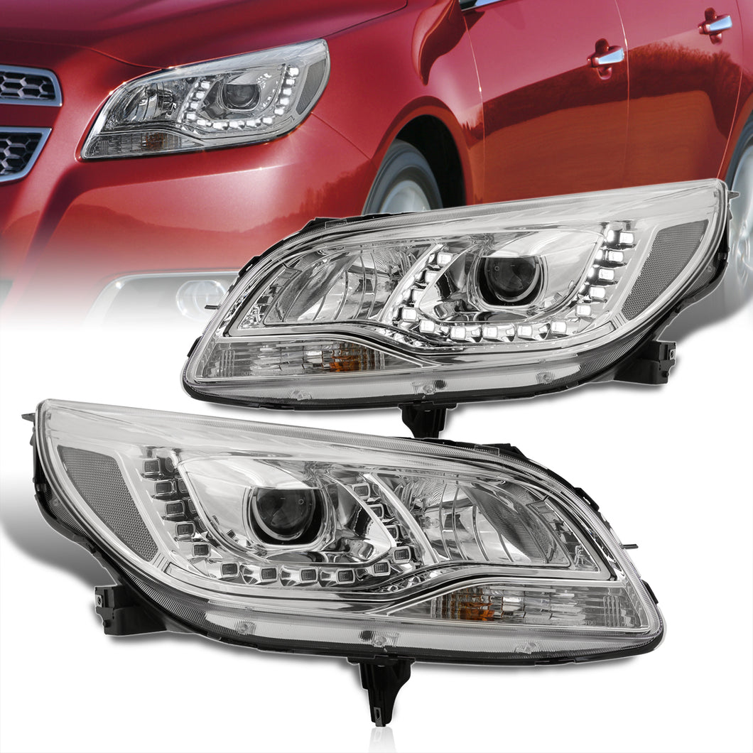 Chevrolet Malibu 2013-2015 Halo LED DRL Bar Projector Headlights Chrome Housing Clear Len Clear Reflector (Halogen Models Only)