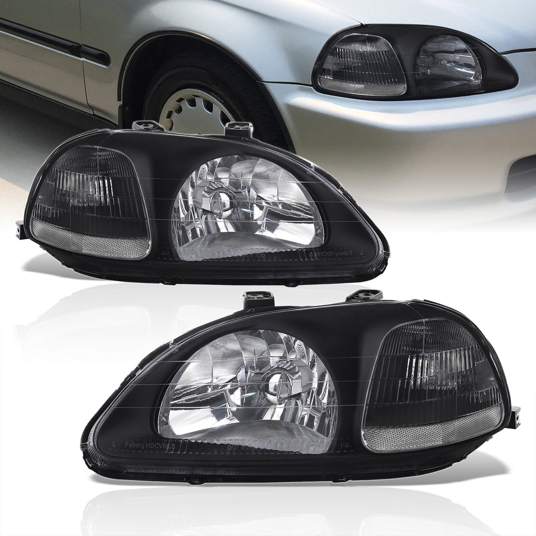 Honda Civic 1996-1998 Factory Style Headlights Black Housing Clear Len Clear Reflector