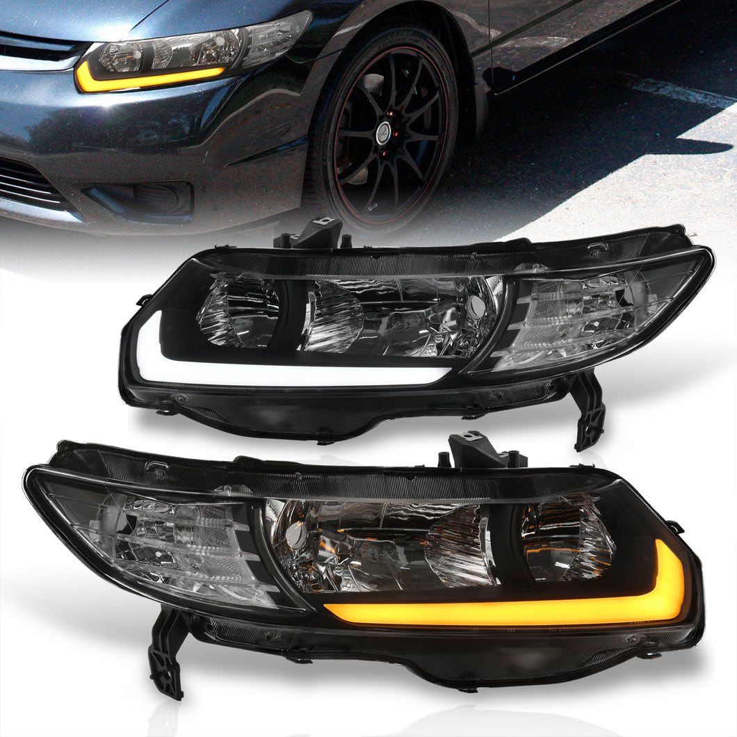 Honda Civic Coupe 2006-2011 Sequential LED DRL Bar Factory Style Headlights Black Housing Clear Len Clear Reflector
