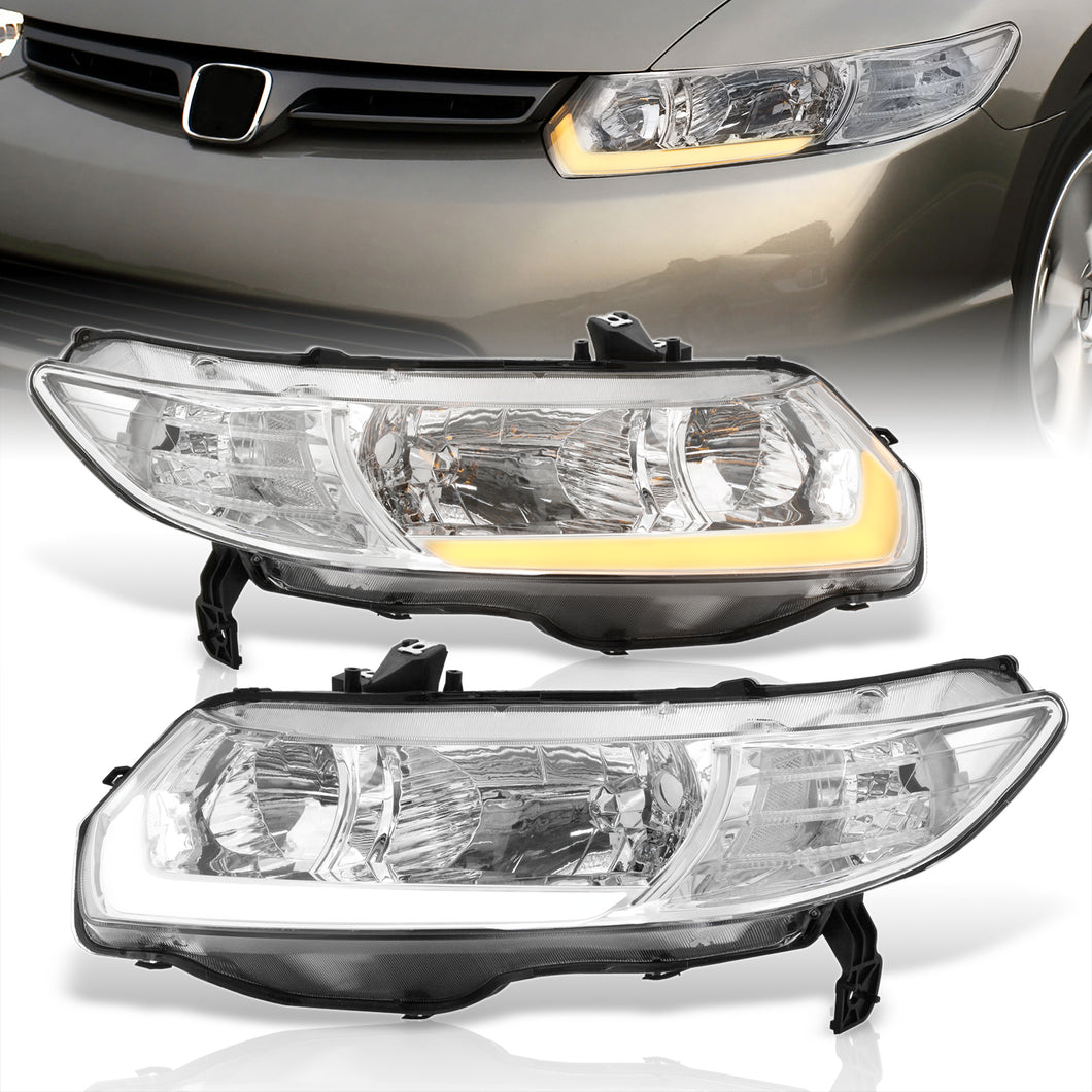 Honda Civic Coupe 2006-2011 Sequential LED DRL Bar Factory Style Headlights Chrome Housing Clear Len Clear Reflector