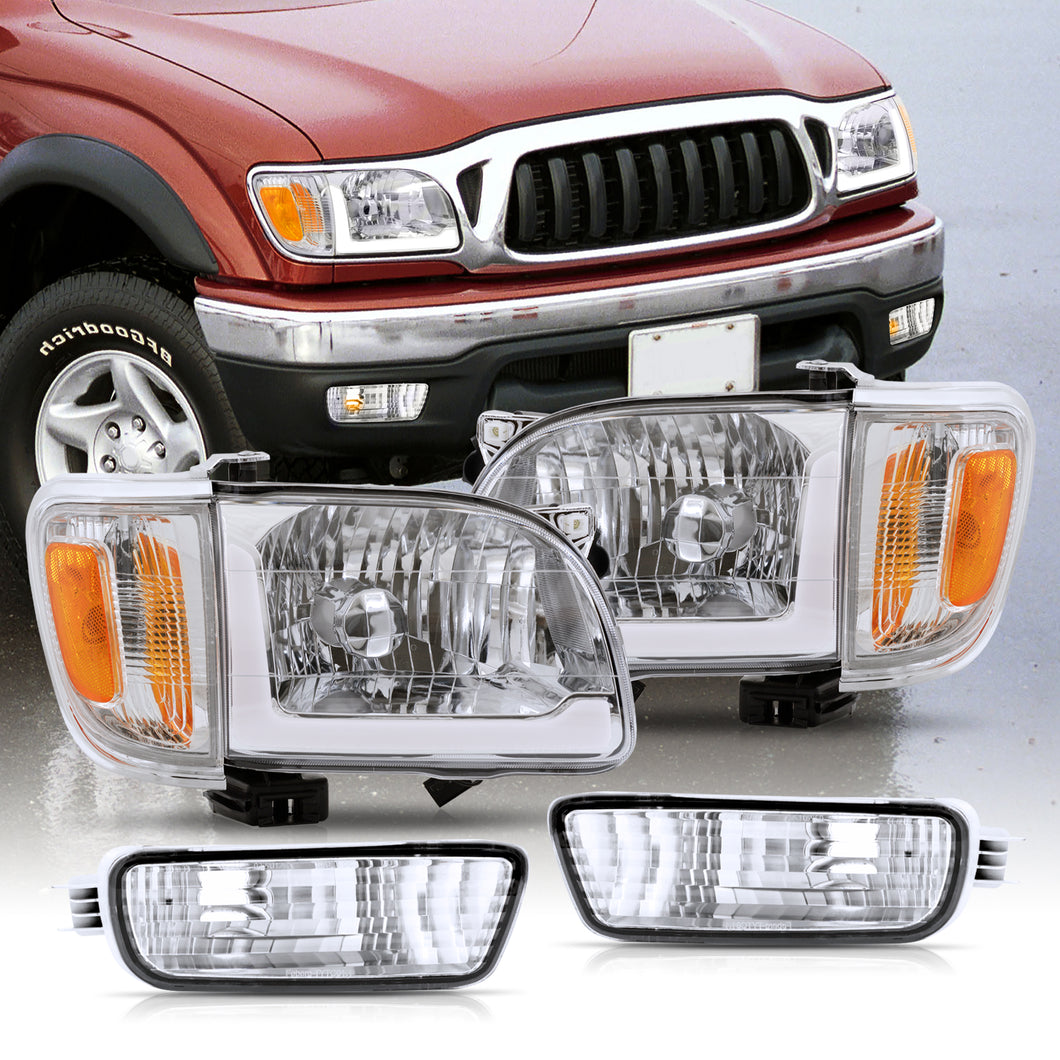 Toyota Tacoma 2001-2004 LED DRL Bar Factory Style Headlights + Bumpers + Corners Chrome Housing Clear Len Amber Reflector