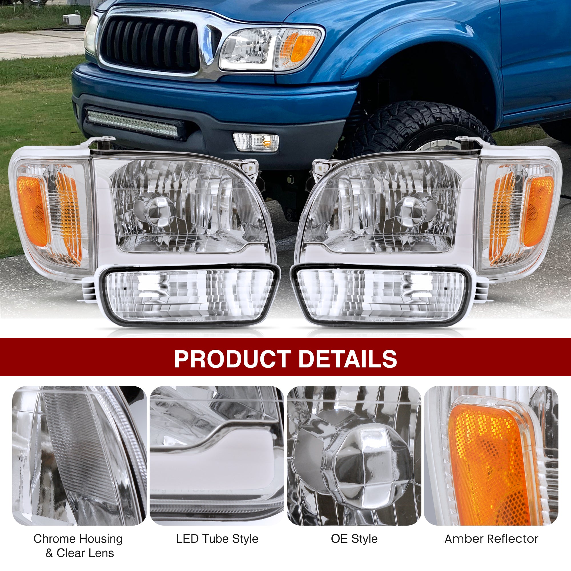 thumbnail image 2 of Genuine Toyota Tacoma 2001-2004 Left & Right Front Headlight Assemblies - OEM, Chrome Housing, Clear Lens 2 of 5