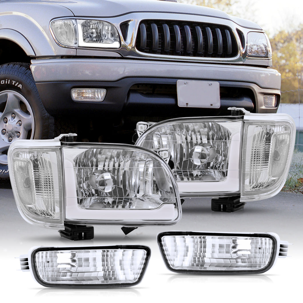 Toyota Tacoma 2001-2004 LED DRL Bar Factory Style Headlights + Bumpers + Corners Chrome Housing Clear Len Clear Reflector