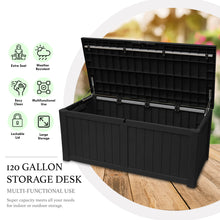 Load image into Gallery viewer, AJP Distributors 120 Gallon Outdoor Storage Box, Rain Waterproof Resin Deck Box, Lockable Large Storage Container for Patio Furniture, Cushions, Garden Tools, Sports Equipment and Pool Supplies Black
