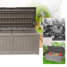 Load image into Gallery viewer, AJP Distributors 120 Gallon Outdoor Storage Box, Rain Waterproof Resin Deck Box, Lockable Large Storage Container for Patio Furniture, Cushions, Garden Tools, Sports Equipment and Pool Supplies Taupe
