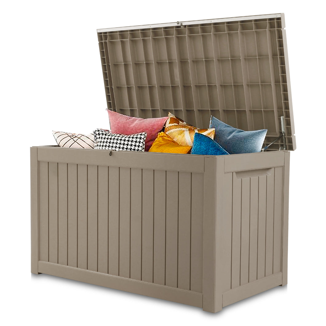 AJP Distributors 230 Gallon Outdoor Storage Box, Rain Waterproof Resin Deck Box, Lockable Large Storage Container for Patio Furniture, Cushions, Garden Tools, Sports Equipment and Pool Supplies Taupe