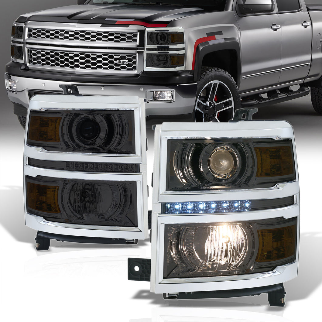 Chevrolet Silverado 1500 2014-2015 LED DRL Projector Headlights Chrome Housing Smoke Len Amber Reflector (Will Not Fit 2500 & HD Models)