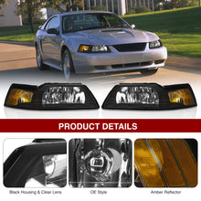 Load image into Gallery viewer, Ford Mustang 1999-2004 Factory Style Headlights Black Housing Clear Len Amber Reflector
