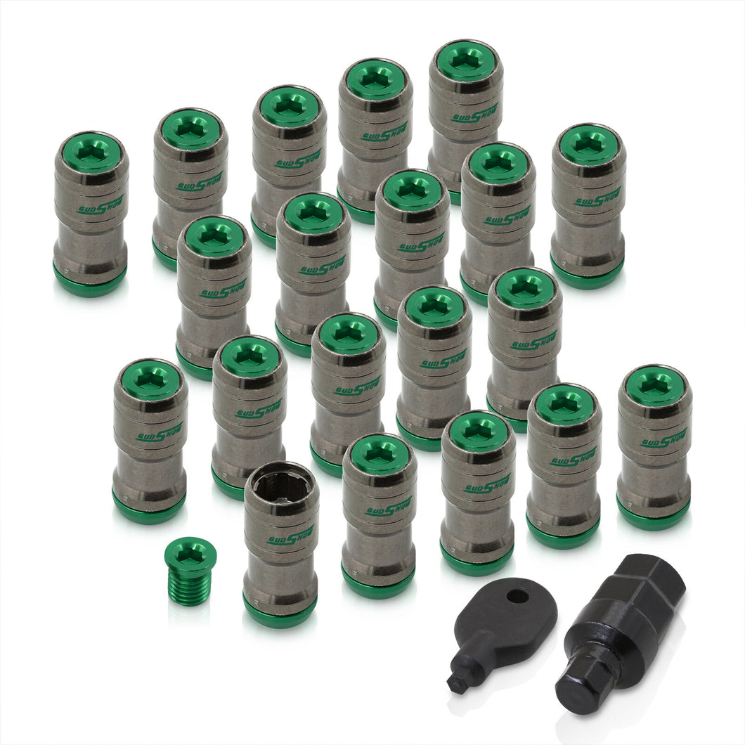 God Snow Lug Nuts M12 x1.25mm Thread pitch Gunmetal Body Green Trim (20 Piece +1 Key)