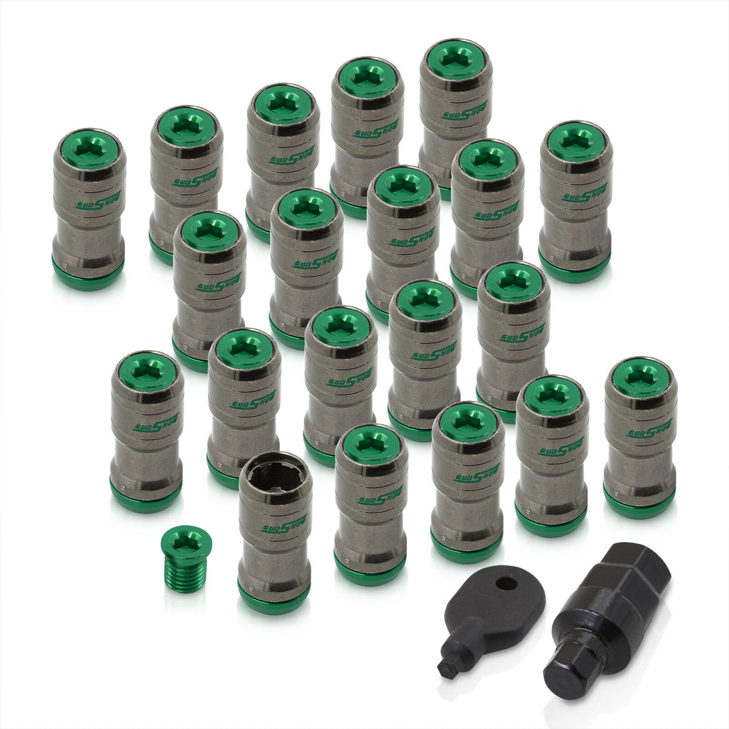 God Snow Lug Nuts M12 x1.5mm Thread pitch Gunmetal Body Green Trim (20 Piece +1 Key)