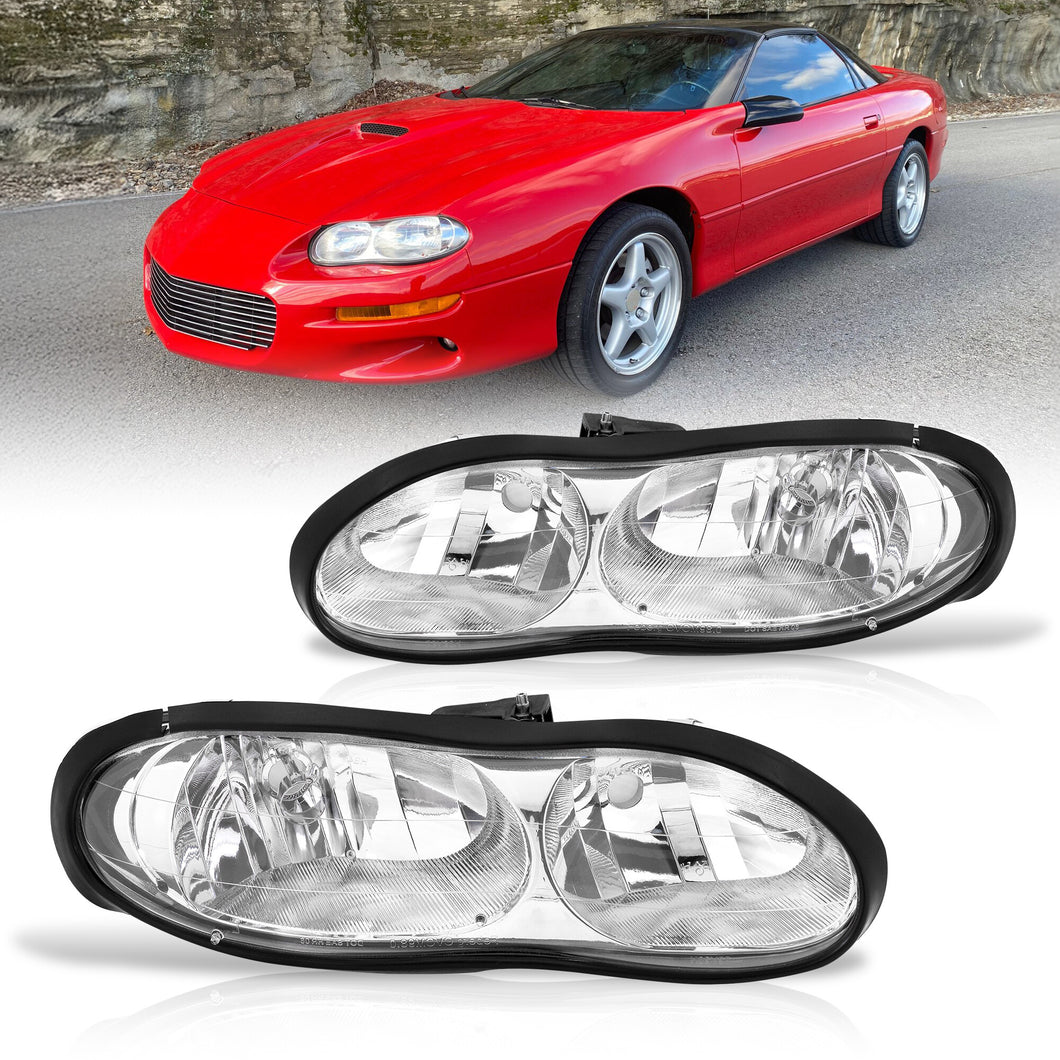 Chevrolet Camaro 1998-2002 Factory Style Headlights Chrome Housing Clear Len Chrome Reflector