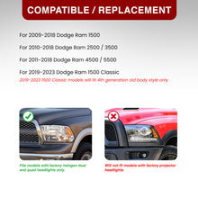 Load image into Gallery viewer, Dodge Ram 1500 2009-2018 / Ram 2500 3500 2010-2018 / Ram 4500 5500 2011-2018 / Ram 1500 Classic 2019-2023 Factory Style Quad Headlights Black Housing Clear Len Clear Reflector (Halogen Models Only)
