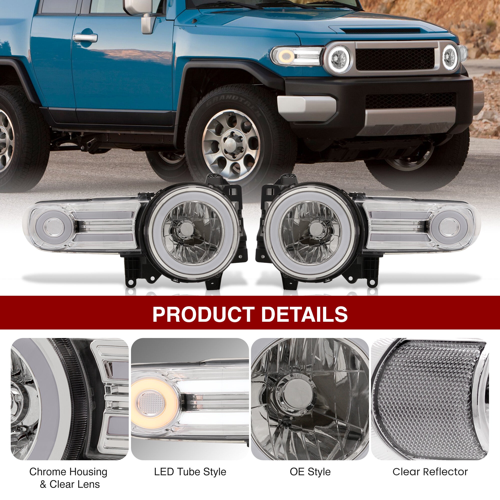 Toyota FJ Cruiser 2007-2014 LED DRL Bar Projector Headlights