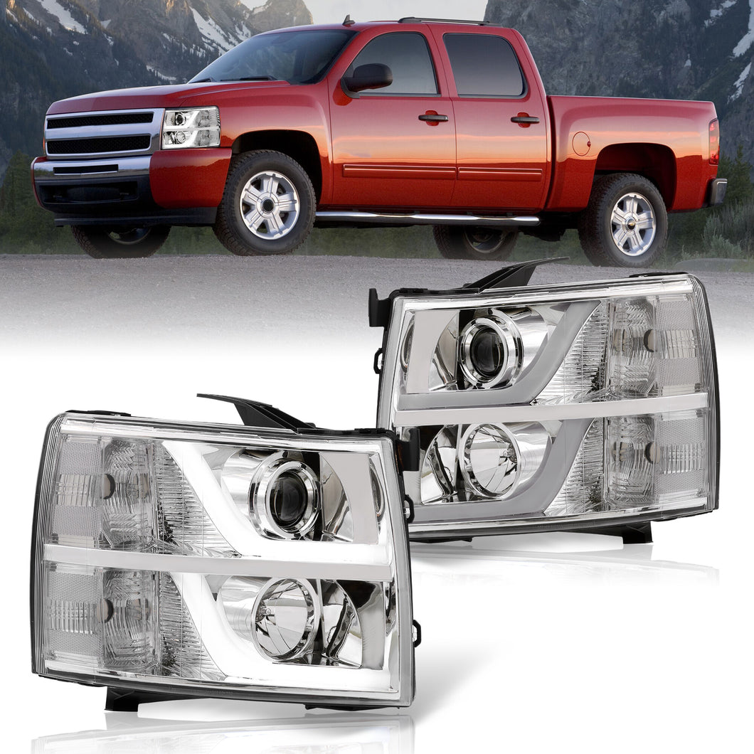 PMT2018 Chrome Housing Headlights For 2007-2013 Chevy Silverado 1500 & 2500HD/3500HD – SAE-Certified, Halogen