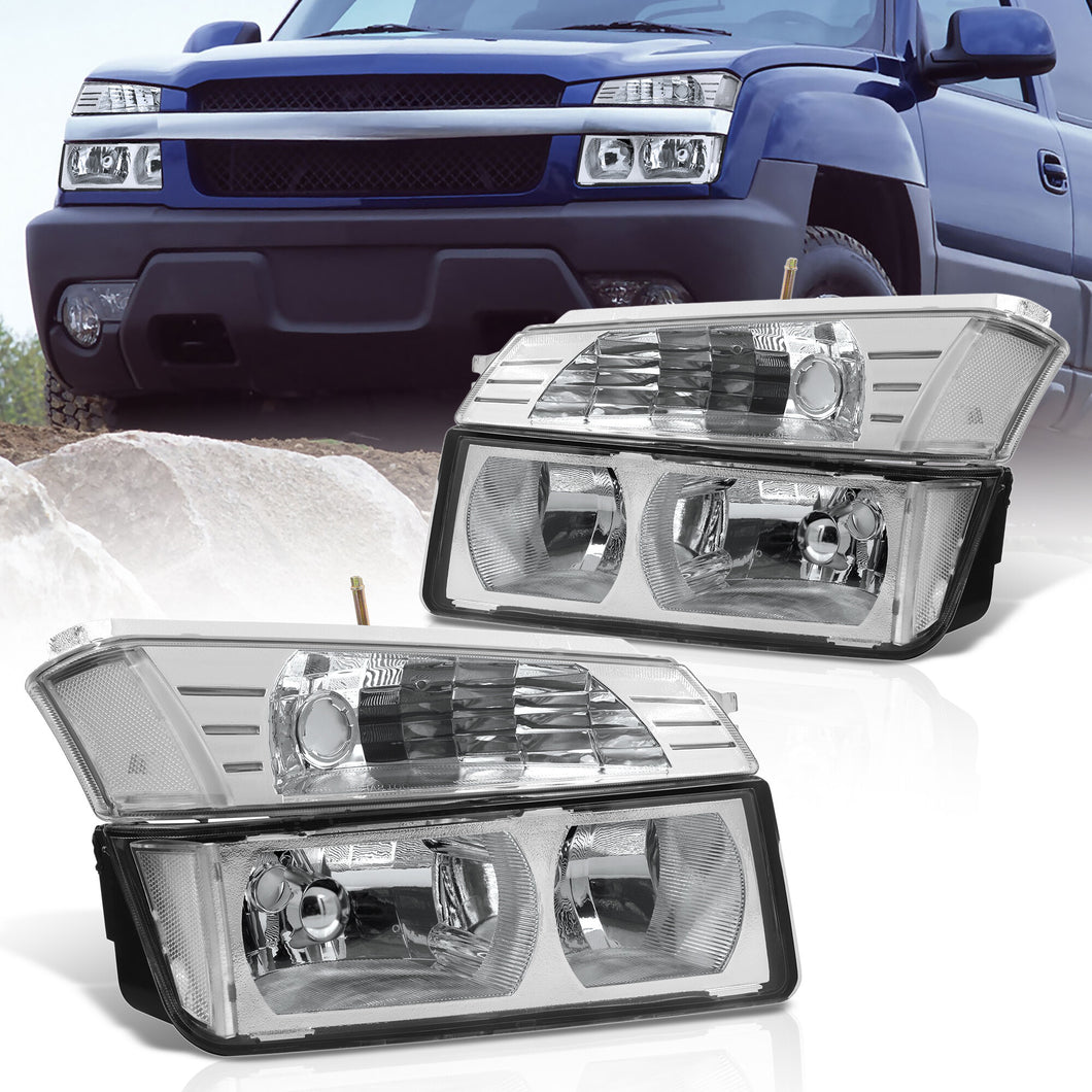 Chevrolet Avalanche (Plastic Body Cladding Models Only) 2002-2006 Factory Style Headlights + Bumpers Chrome Housing Clear Len Clear Reflector