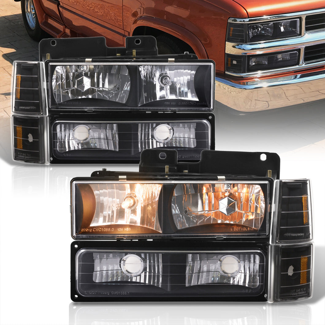 Chevrolet C/K 1500 2500 3500 1994-1998 Factory Style Headlights + Bumper + Corner Lights Black Housing Clear Len Amber Reflector