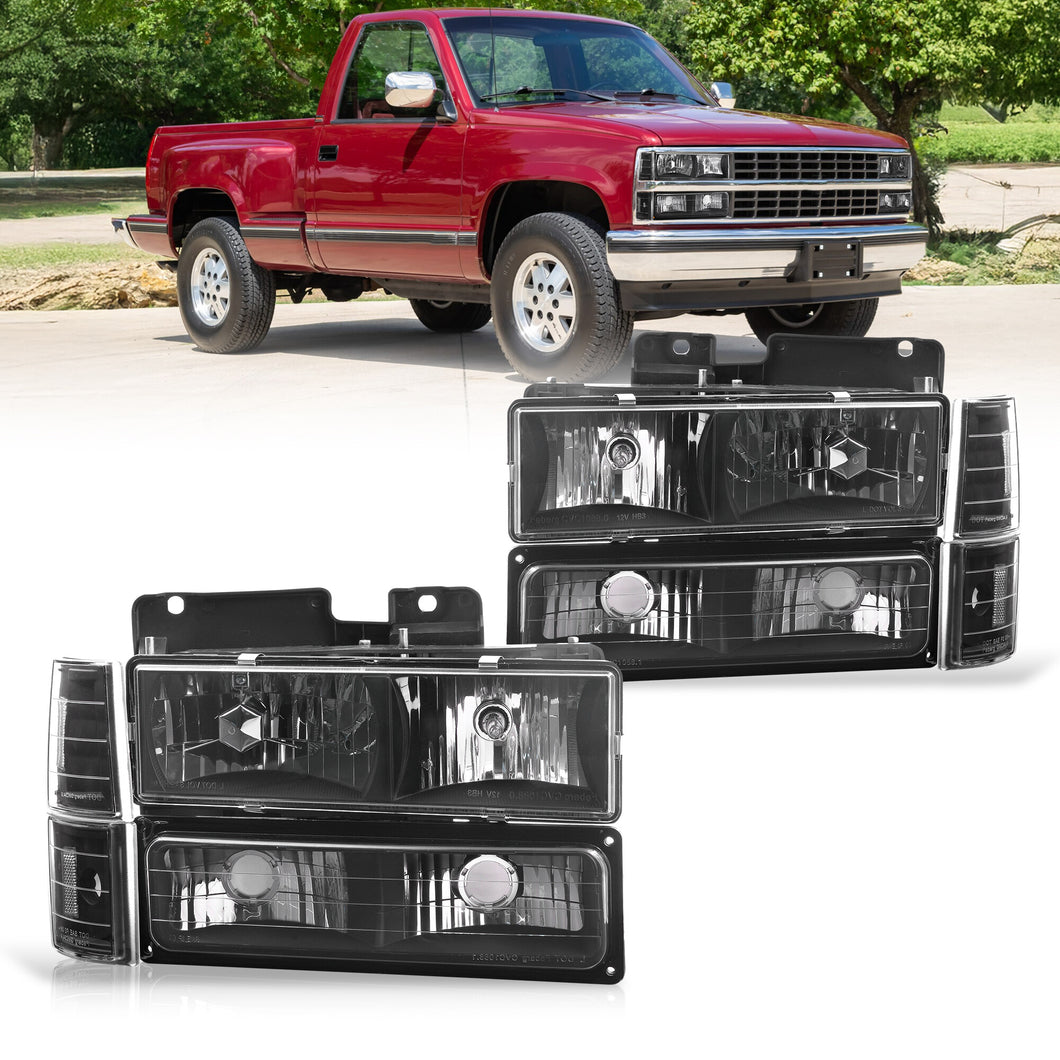 Chevrolet C/K 1500 2500 3500 1988-1993 Factory Style Headlights + Bumpers + Corners Lights Black Housing Clear Len Clear Reflector