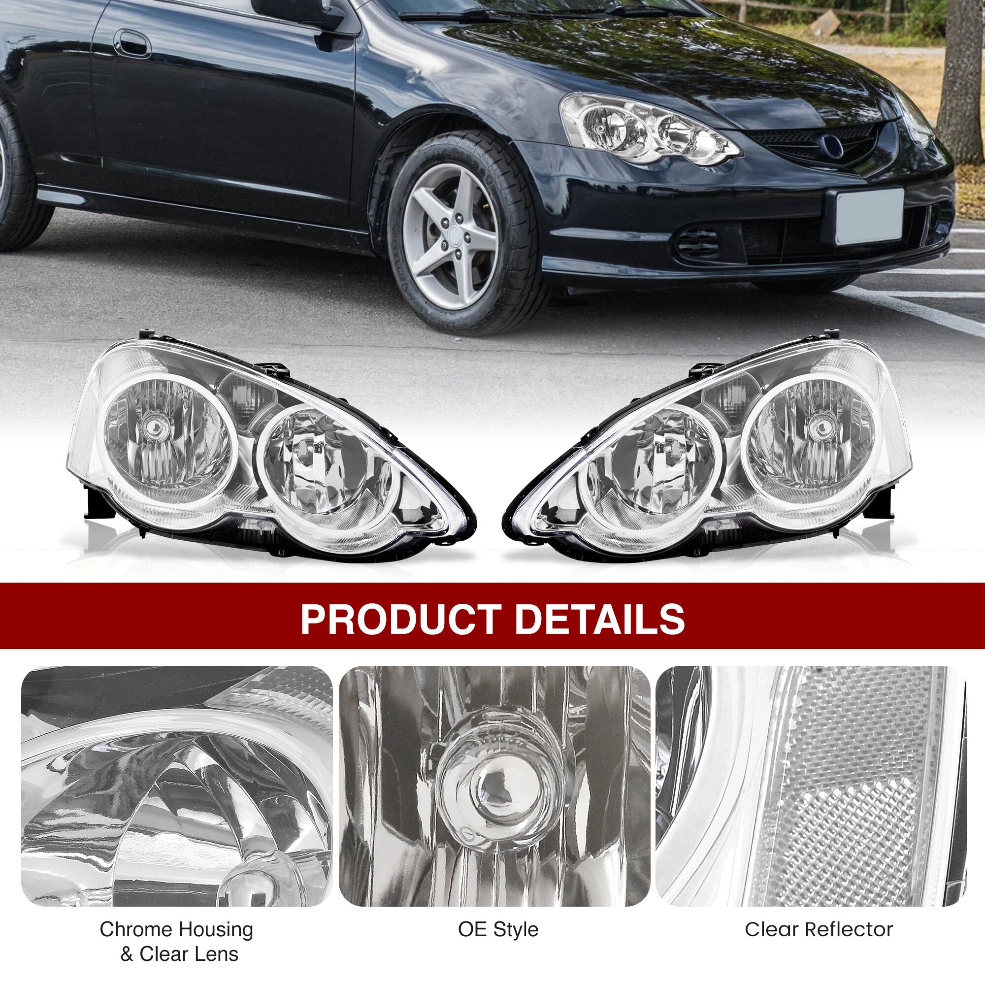 Acura RSX 2002-2004 Factory Style Headlights Chrome Housing Clear