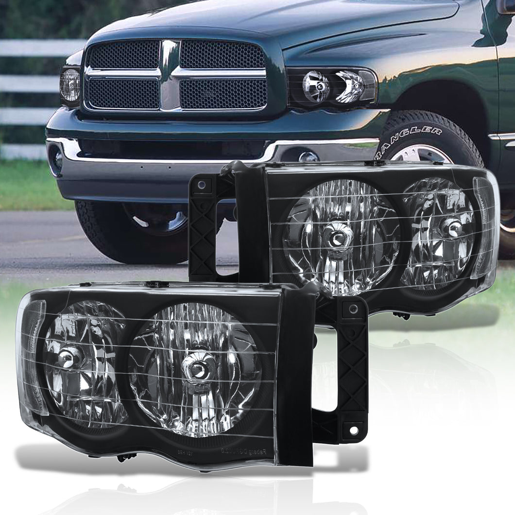 Dodge Ram 1500 Truck 2002-2005 / 2500 3500 Truck 2003-2005 Factory Style Headlights Black Housing Clear Len Amber Reflector