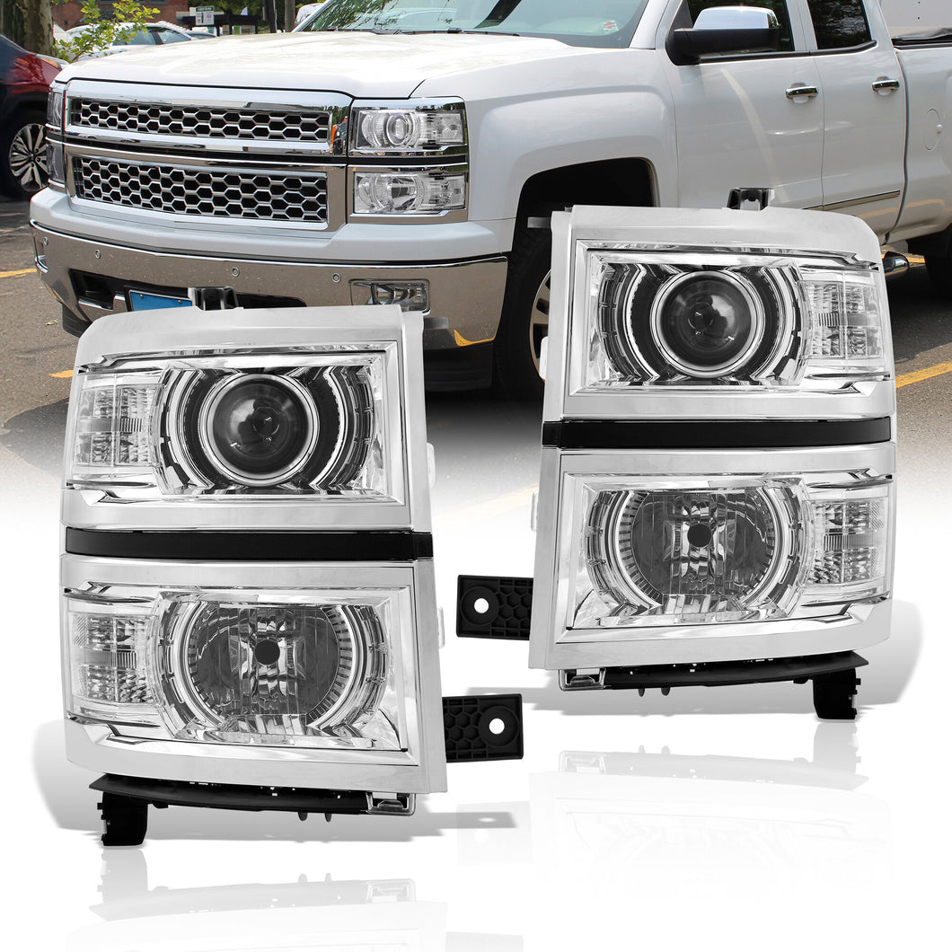 Chevrolet Silverado 1500 2014-2015 Factory Style Projector Headlights Chrome Housing Clear Len Clear Reflector