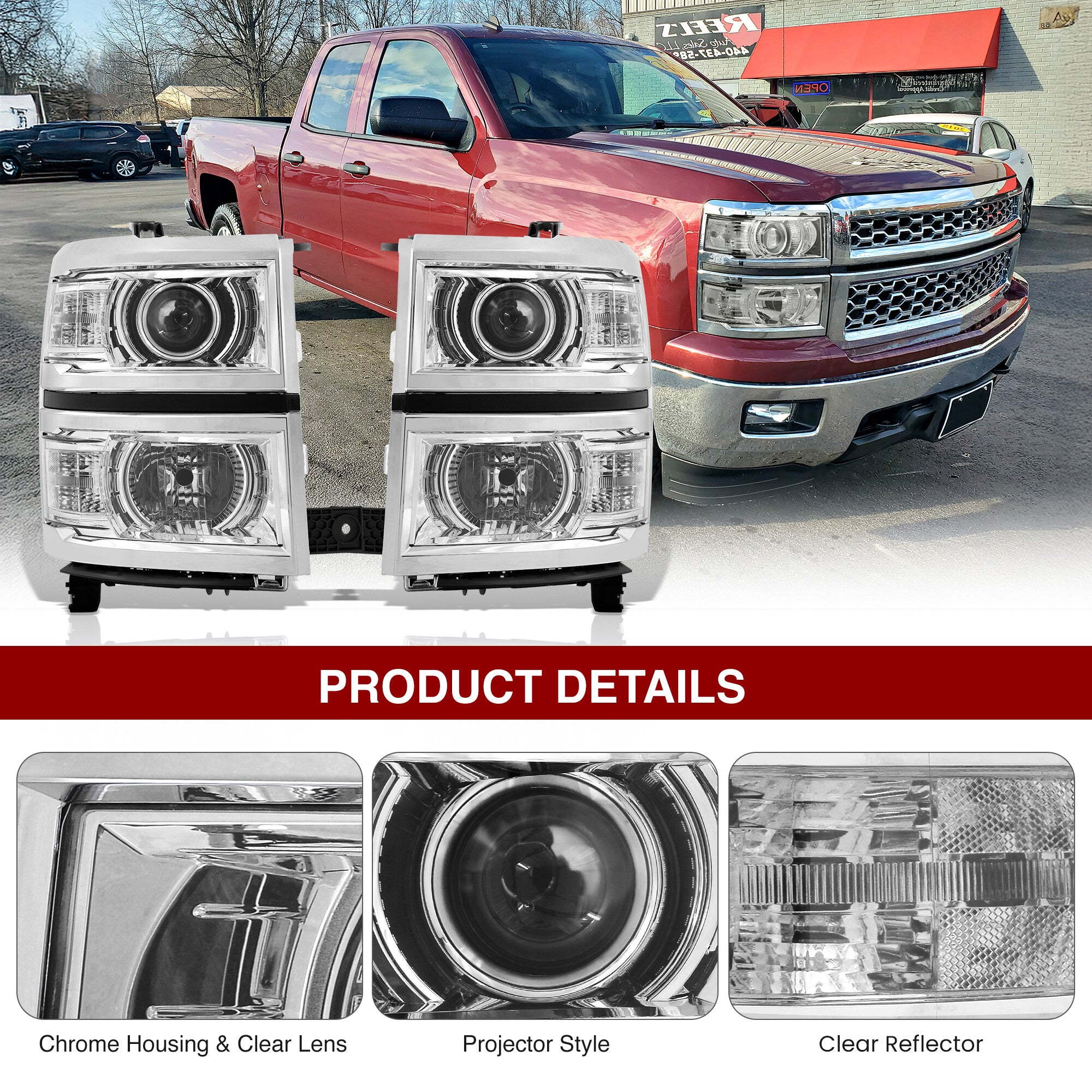 Epartsgogo Projector Headlights For 2014-2015 Chevy Silverado 1500 – Clear Chrome, Plug-and-Play Replacement (Pair)