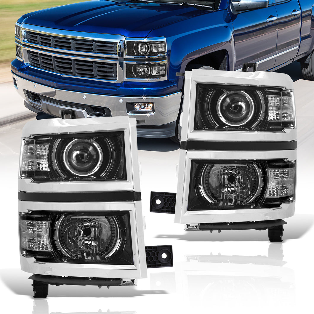 Chevrolet Silverado 1500 2014-2015 Factory Style Projector Headlights Black Housing Clear Len Clear Reflector