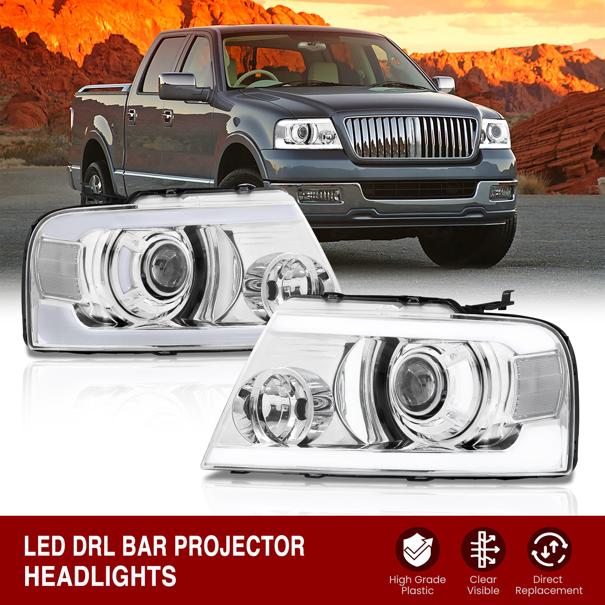 Eagle Eyes Chrome Projector Headlights W/ LED C-Bar For 2004-2008 Ford F-150 – Halogen H1/H7, DOT/SAE