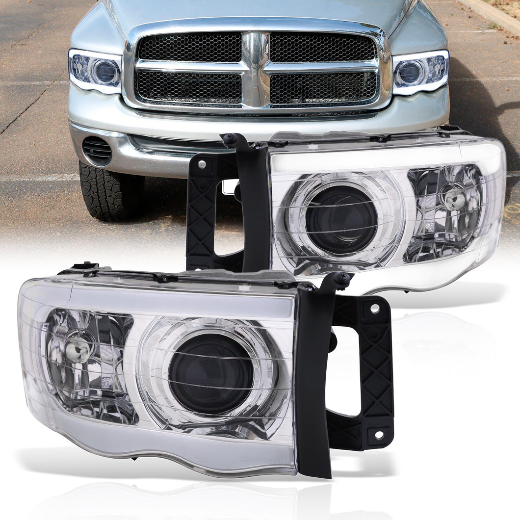 Dodge Ram 1500 2002-2005 / Ram 2500 3500 2003-2005 LED DRL Bar Projector Headlights Chrome Housing Clear Len Clear Reflector