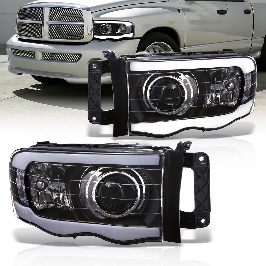 Dodge Ram 1500 2002-2005 / Ram 2500 3500 2003-2005 LED DRL Bar Projector Headlights Black Housing Clear Len Clear Reflector