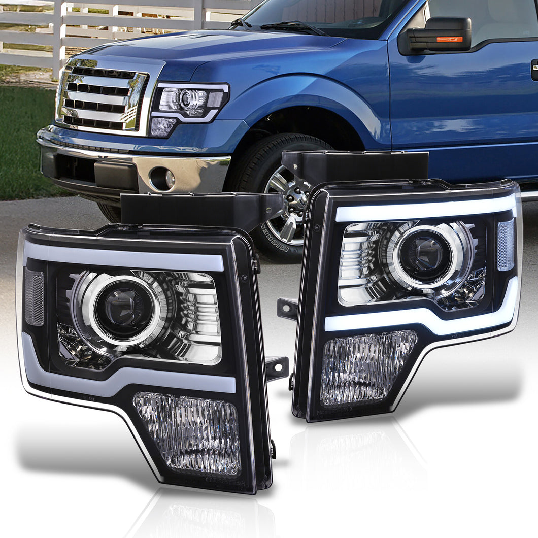 Ford F150 2009-2014 LED DRL Bar Projector Headlights Black Housing Clear Len Clear Reflector (Halogen Models Only)