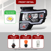 Load image into Gallery viewer, Ford F150 2009-2014 LED DRL Bar Projector Headlights Black Housing Clear Len Clear Reflector (Halogen Models Only)
