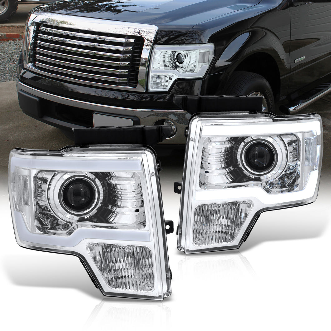 Ford F150 2009-2014 LED DRL Bar Projector Headlights Chrome Housing Clear Len Clear Reflector (Halogen Models Only)