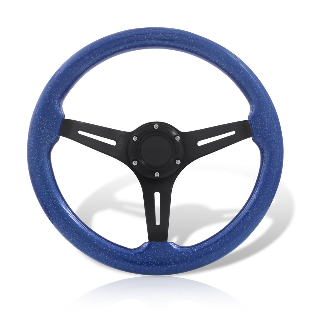 Universal 350mm Wood Grain Style Aluminum Steering Wheel Black Center Metallic Blue Wood