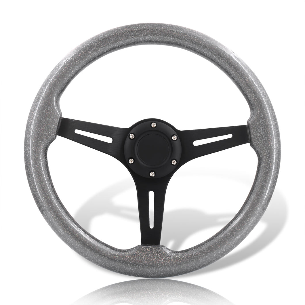 Universal 350mm Wood Grain Style Aluminum Steering Wheel Black Center Metallic Gunmetal Wood