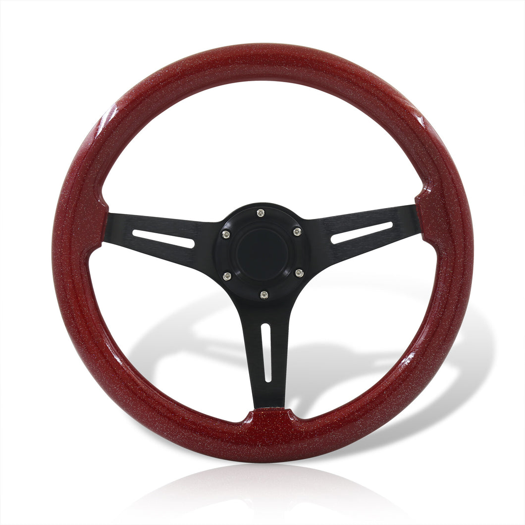 Universal 350mm Wood Grain Style Aluminum Steering Wheel Black Center Metallic Red Wood