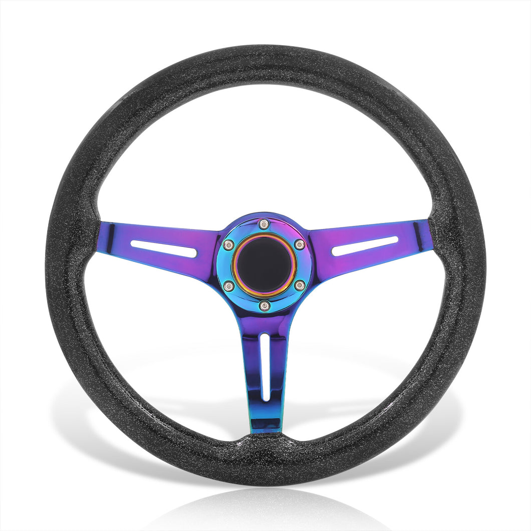 Universal 350mm Wood Grain Style Steel Steering Wheel Neo Chrome Center Metallic Black Wood