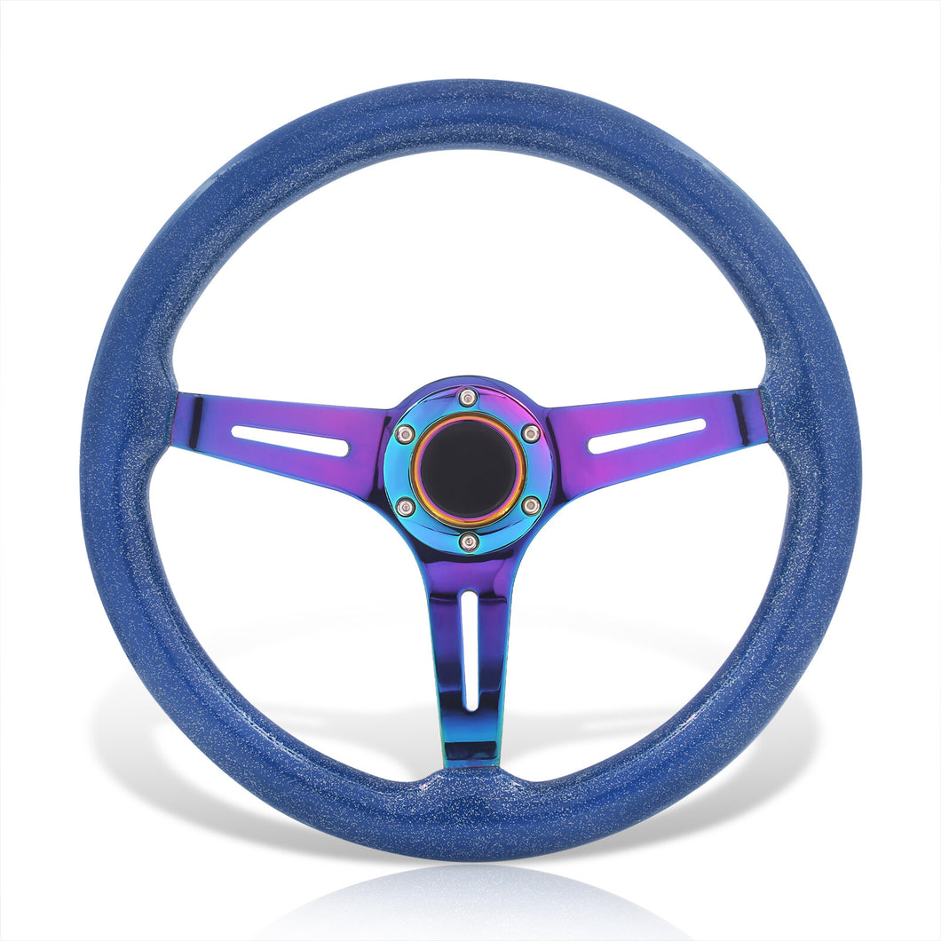 Universal 350mm Wood Grain Style Steel Steering Wheel Neo Chrome Center Metallic Blue Wood