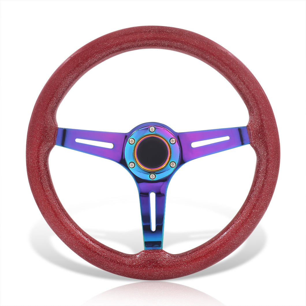 Universal 350mm Wood Grain Style Steel Steering Wheel Neo Chrome Center Metallic Red Wood