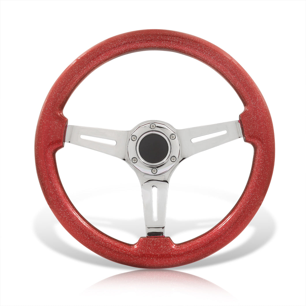 Universal 350mm Heavy Duty Steel Wood Grain Style Steering Wheel Polish Center Metallic Red Wood