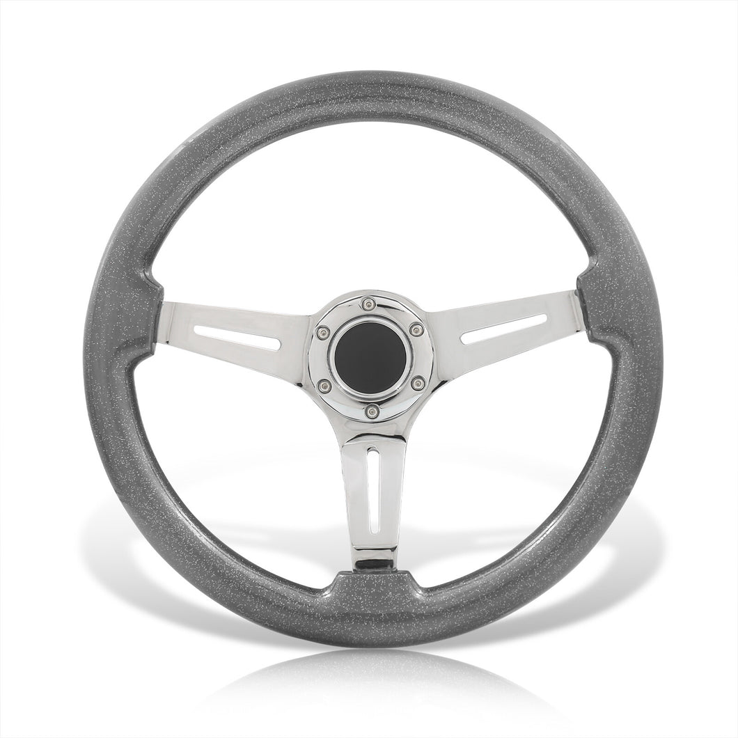 Universal 350mm Heavy Duty Steel Wood Grain Style Steering Wheel Polish Center Gunmetal Metallic Wood