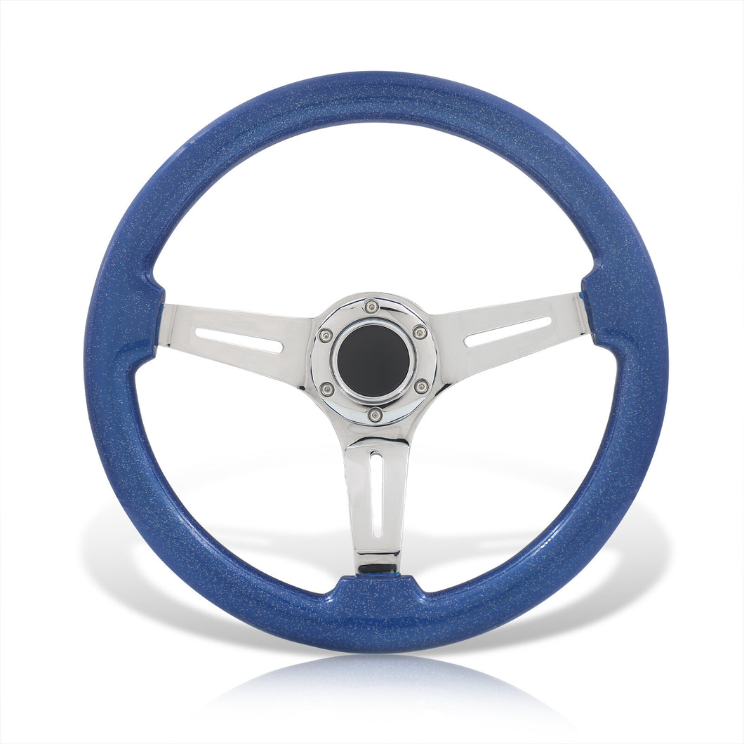 Universal 350mm Heavy Duty Steel Wood Grain Style Steering Wheel Polish Center Metallic Blue Wood