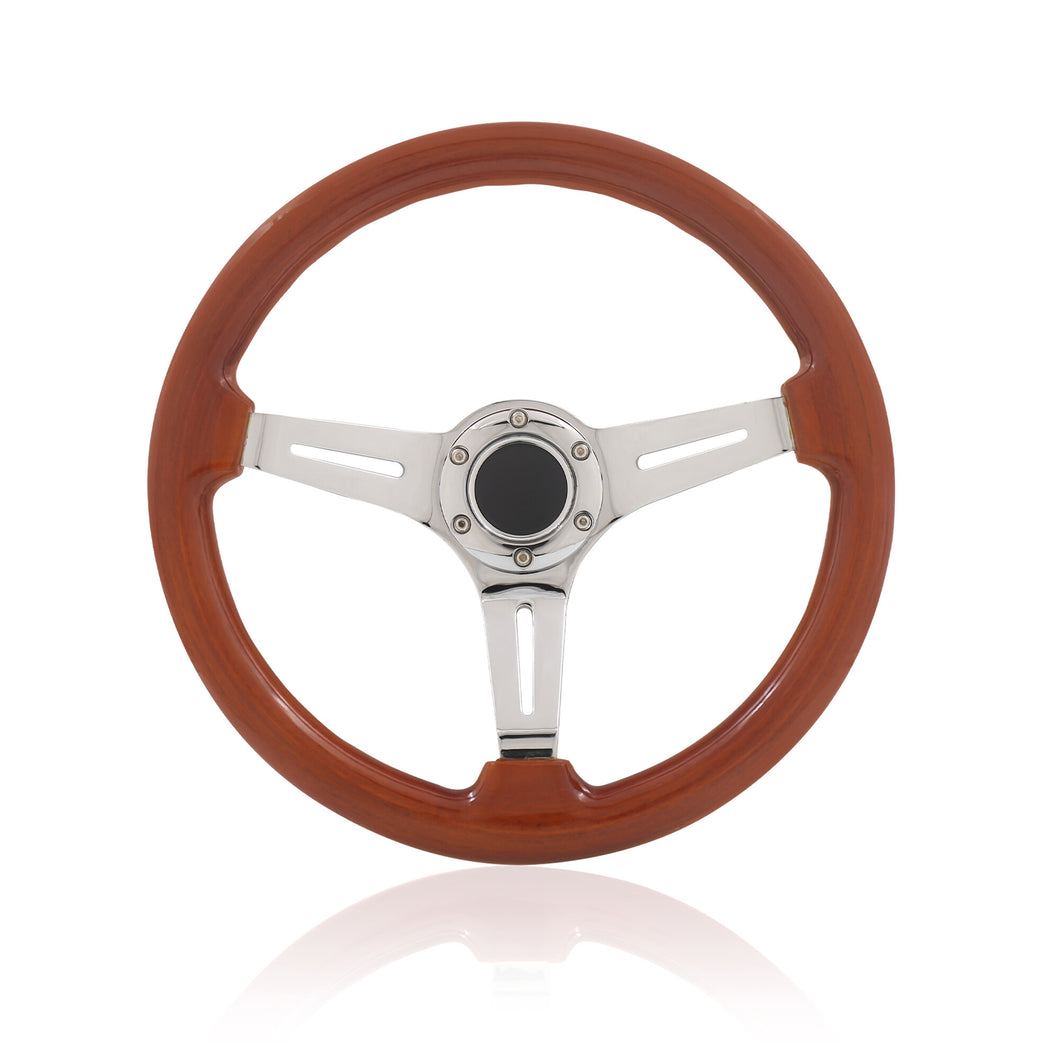 Universal 350mm Heavy Duty Steel Wood Grain Style Steering Wheel Polish Center Light Wood