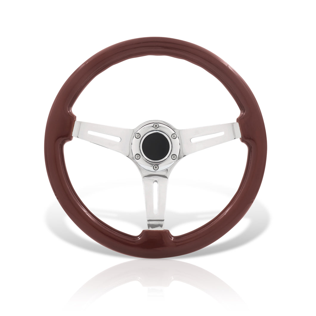 Universal 350mm Heavy Duty Steel Wood Grain Style Steering Wheel Polish Center Dark Wood