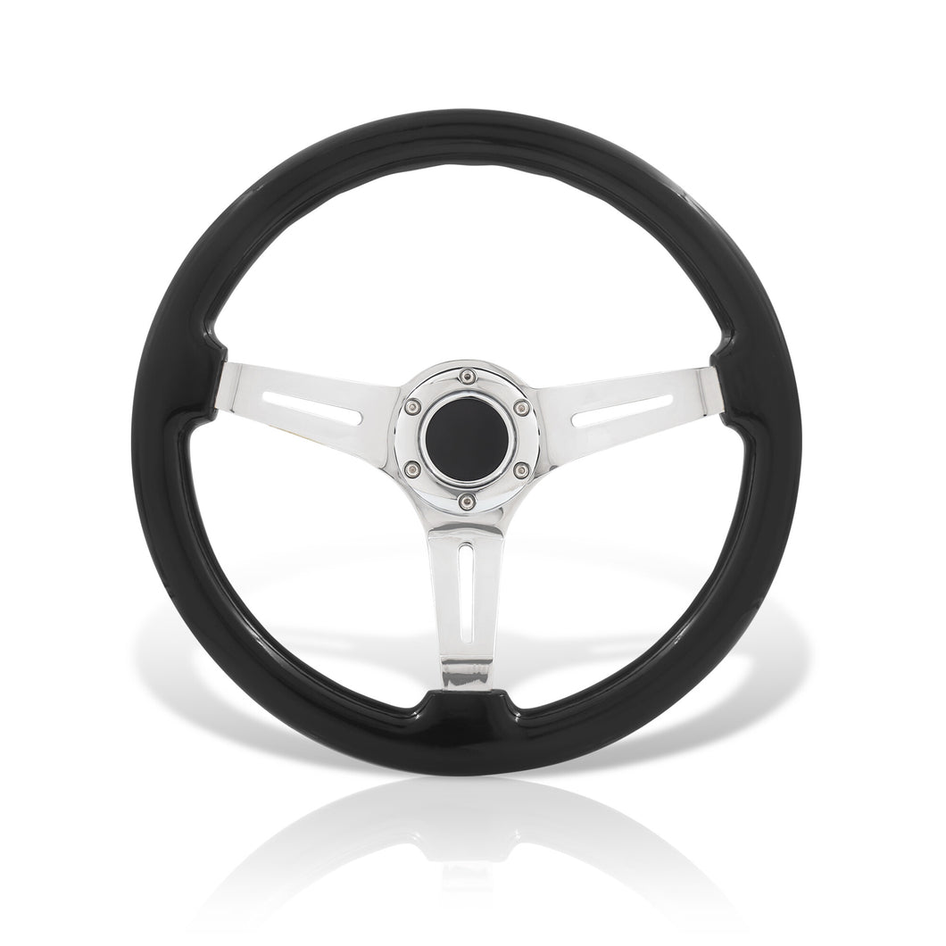 Universal 350mm Heavy Duty Steel Wood Grain Style Steering Wheel Polish Center Black Wood