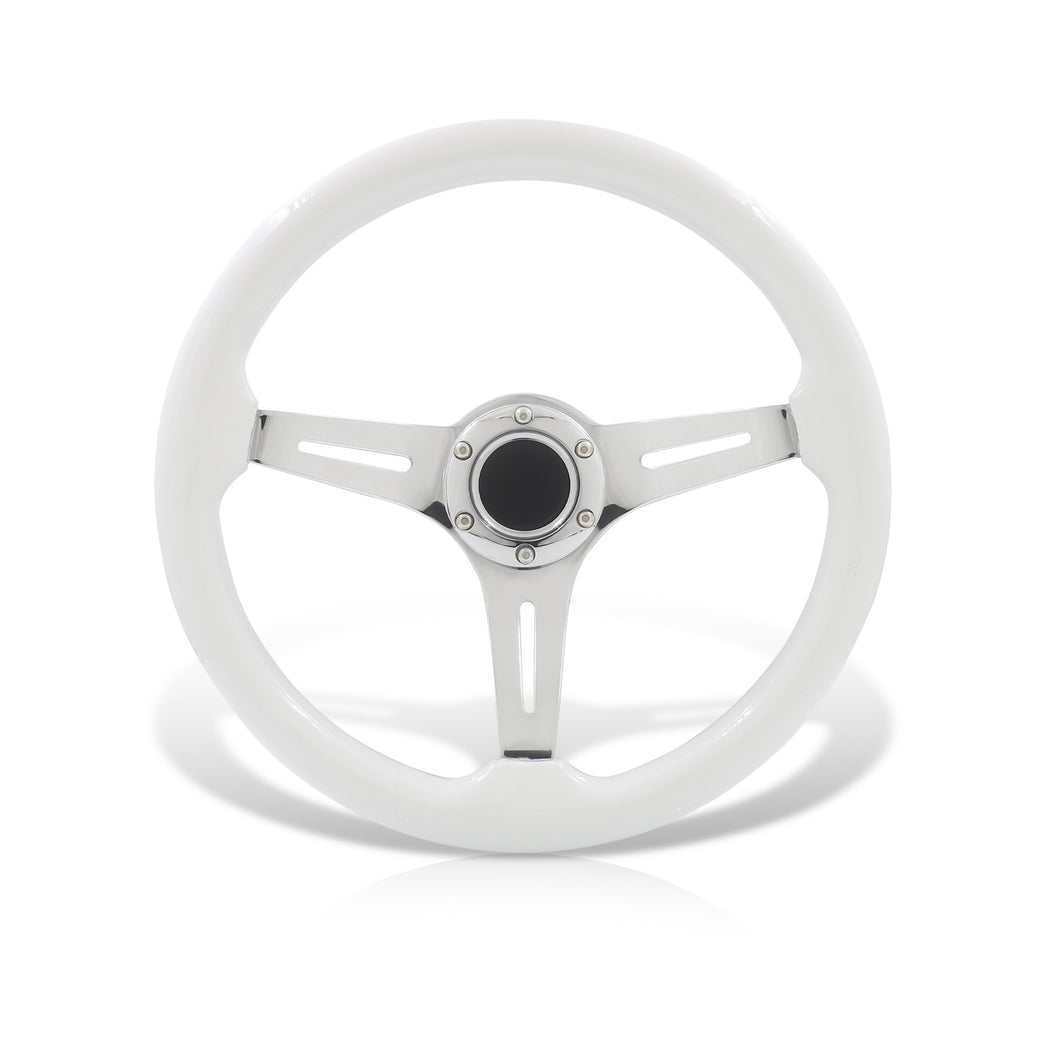 Universal 350mm Heavy Duty Steel Wood Grain Style Steering Wheel Polish Center White Wood
