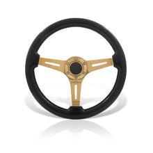 Load image into Gallery viewer, Universal 350mm Heavy Duty Steel Wood Grain Style Steering Wheel Gold Center Black Wood
